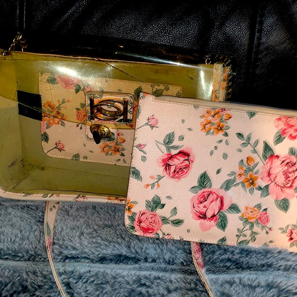 Women’s clear and flower pastel colored BEBE cross bag! Wallet included
